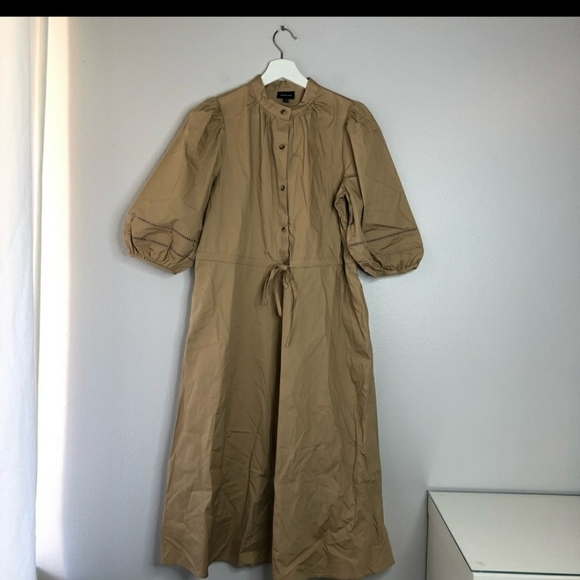 Who What Wear Beige Midi Dress tie waist puffy sleeves size XS khaki - Picture 9 of 9